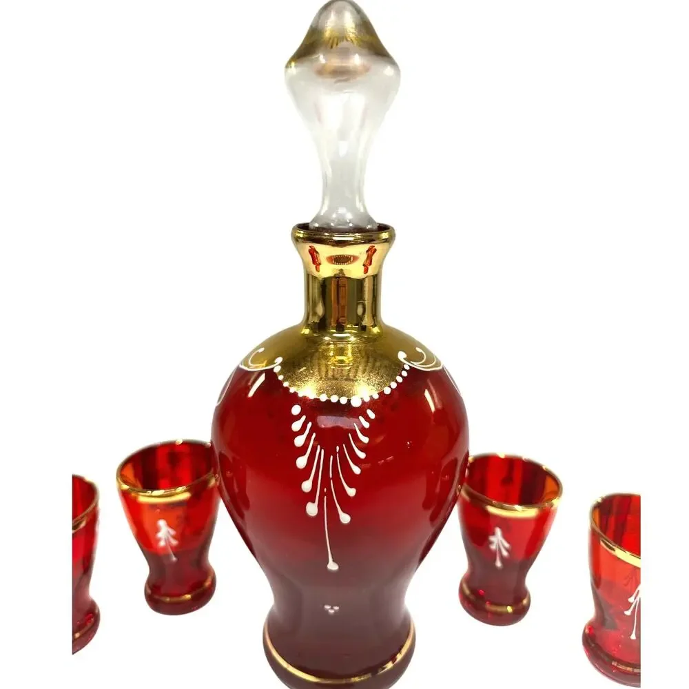 Bohemian Cranberry Glass Decanter Shot Glass Set Hand Painted Gold Floral Design